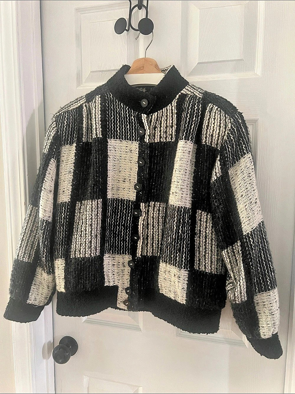 Doncaster Vintage Checkerboard Plaid Sweater Jacket, Black and White, 10/L/XL
